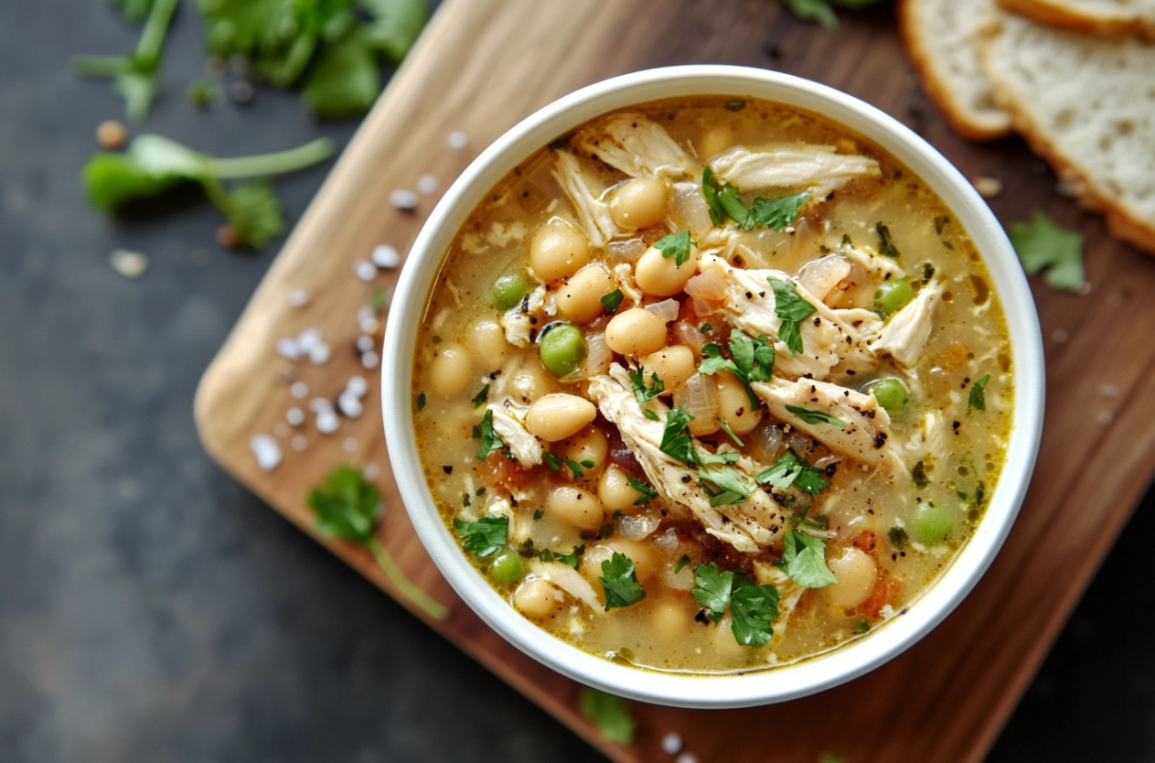 Bowl of creamy White Chicken Chili garnished with fresh herbs.