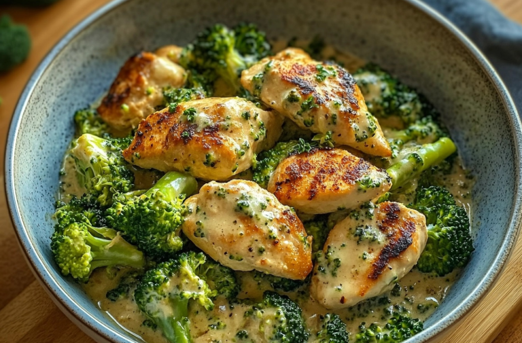 Broccoli Chicken Divan casserole with tender chicken, fresh broccoli, and a creamy cheese sauce, baked to golden perfection.