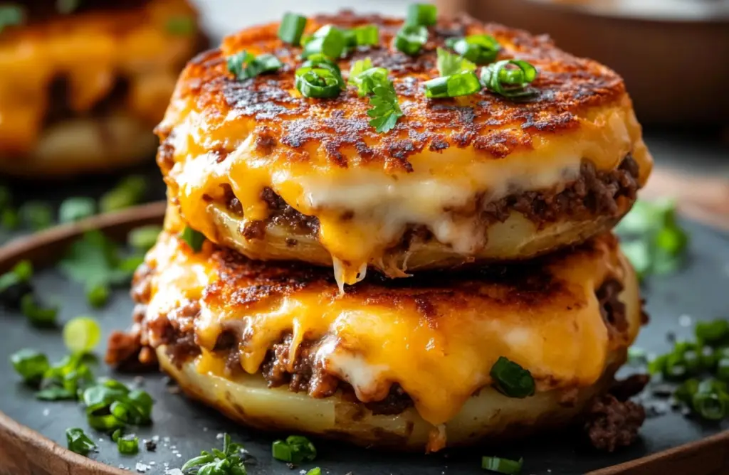 Cheesy Beef Stuffed Potato Cakes with a crispy golden crust