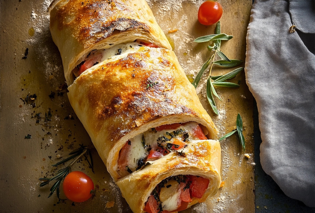 Homemade Stromboli filled with cheese, meats, and marinara sauce, baked to golden perfection.