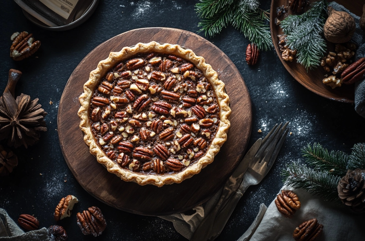 Caramel Pecan Delight Pie with a golden crust, topped with crunchy pecans and rich caramel.