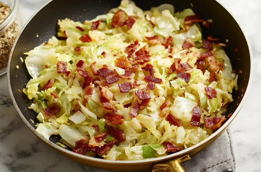 A skillet of fried cabbage with crispy bacon and sautéed onions.