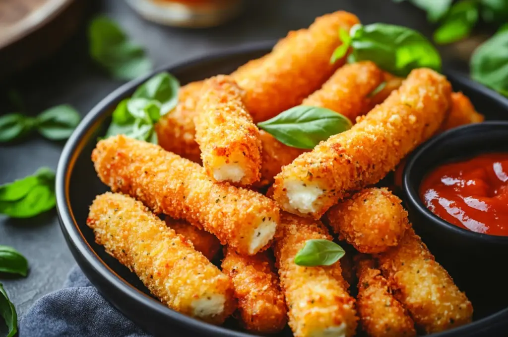 Golden, crispy mozzarella sticks served with marinara sauce.