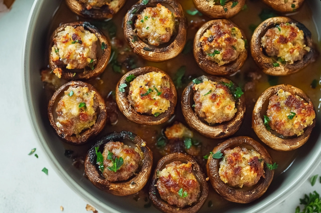 Sausage-stuffed mushrooms topped with melted cheese on a serving platter.