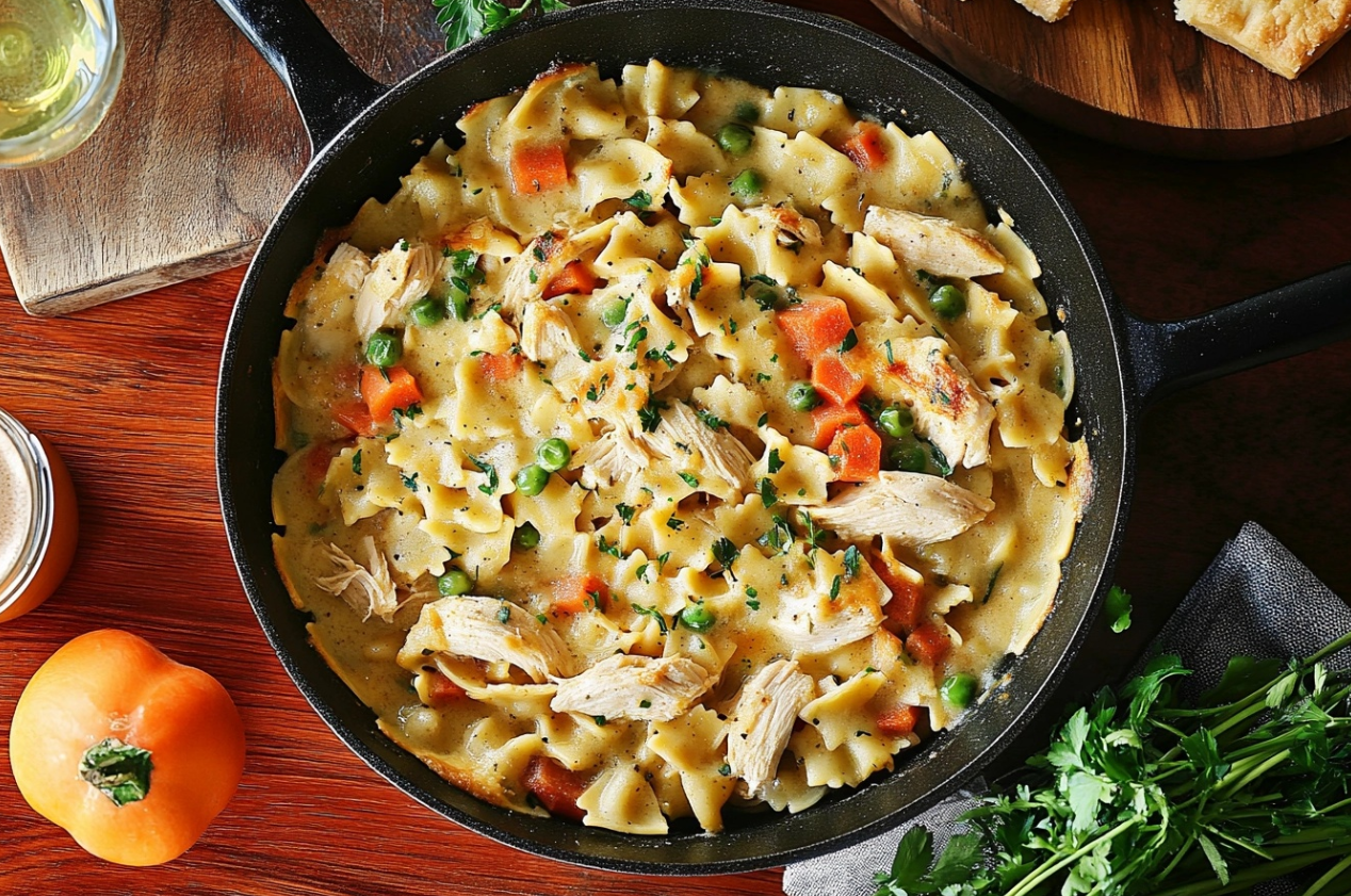 A delicious Chicken Pot Pie Pasta Skillet with tender chicken, creamy sauce, and vegetables in a one-pan dish.