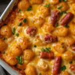 Cheesy Hot Dog Tater Tot Casserole topped with melted cheddar cheese and crispy tater tots.