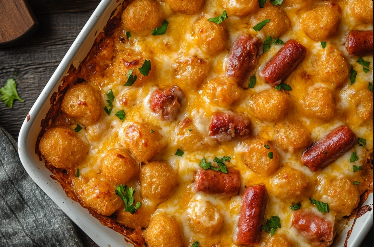 Cheesy Hot Dog Tater Tot Casserole topped with melted cheddar cheese and crispy tater tots.