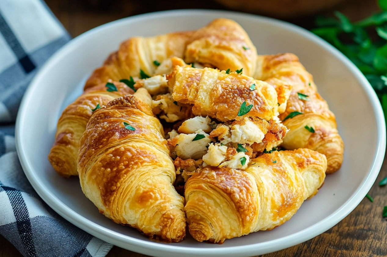 Chicken Bundles wrapped in golden crescent rolls on a plate