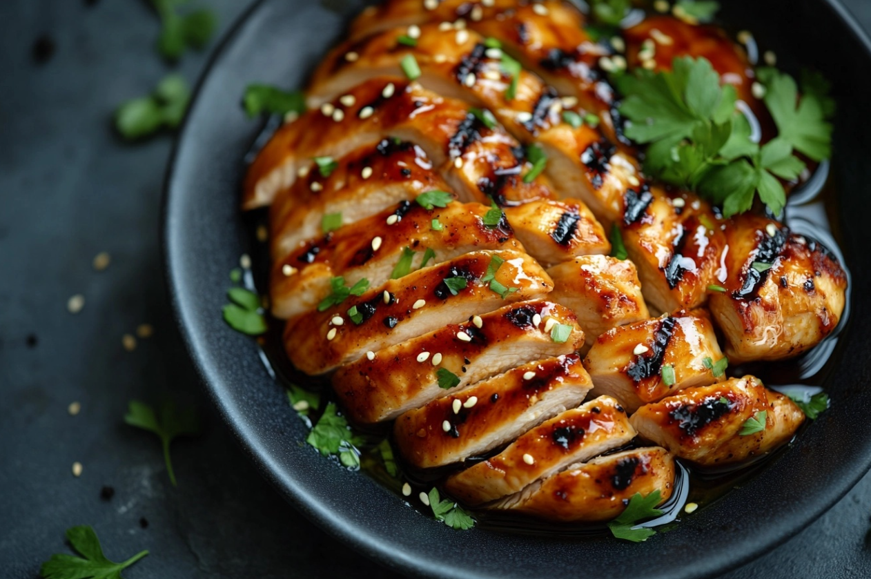 Grilled Teriyaki Chicken with a golden-brown glaze, garnished with green onions and served on a white plate.