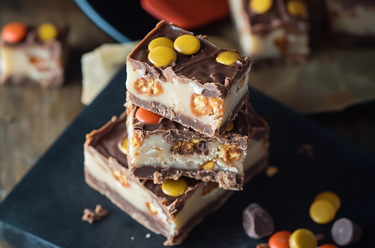 Close-up of Butterfinger Reese's Fudge squares with chocolate and peanut butter layers"