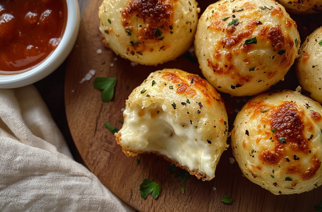 Golden Garlic Butter Cheese Bombs fresh out of the oven with melted cheese oozing out."