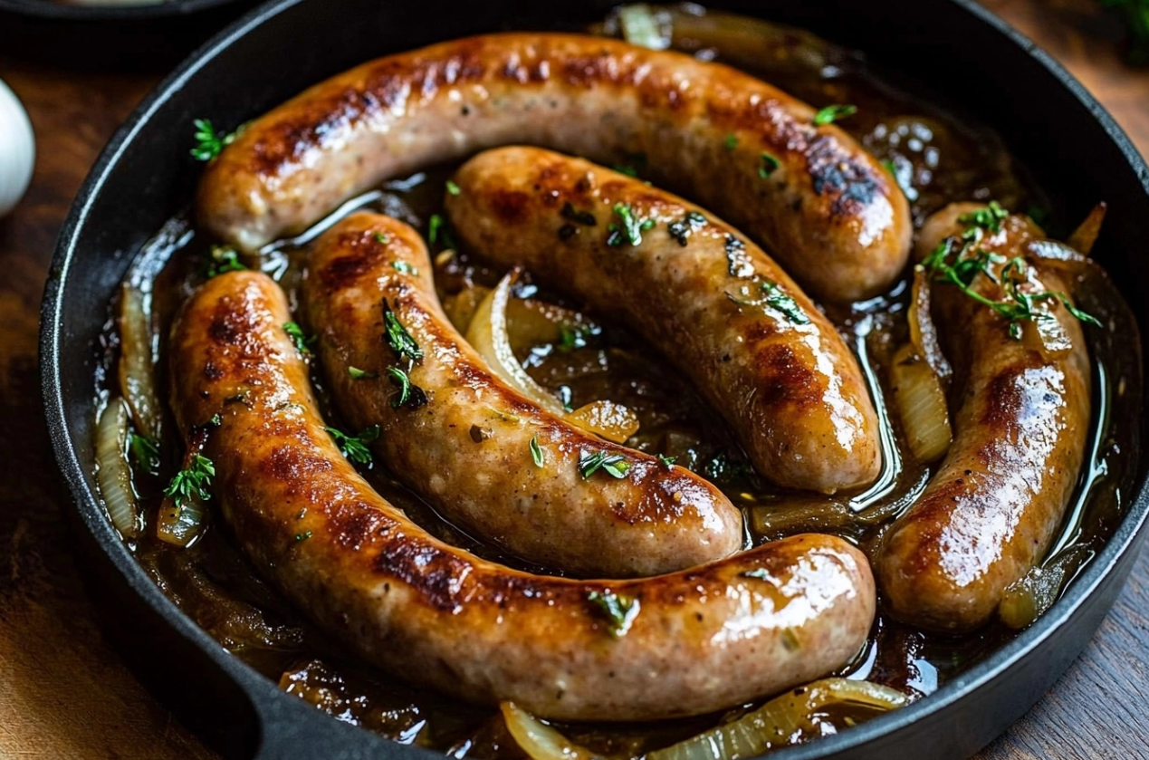 Bratwurst sausages in rich onion sauce served in a skillet with fresh parsley garnish"