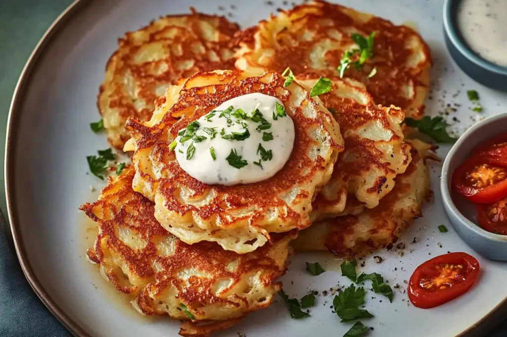 A plate of crispy golden potato pancakes served with a dollop of sour cream and fresh herbs.