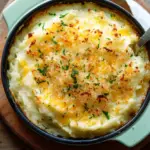 A bowl of creamy cheesy mashed potatoes topped with melted cheddar cheese and fresh herbs.