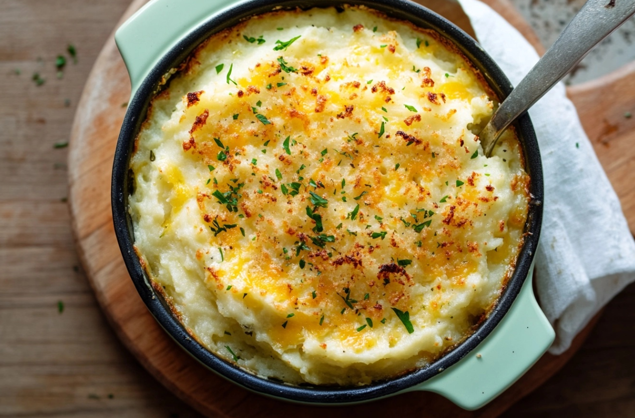 A bowl of creamy cheesy mashed potatoes topped with melted cheddar cheese and fresh herbs.