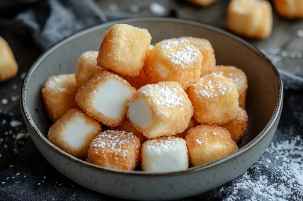 Golden brown deep-fried marshmallows served with chocolate syrup and sprinkles.