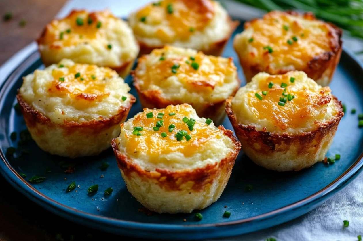 Cheesy Mashed Potato Muffins with a golden, crispy top and a soft, cheesy center.