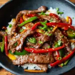 A plate of Chinese Pepper Steak with sliced beef, colorful bell peppers, and onions in a savory sauce.