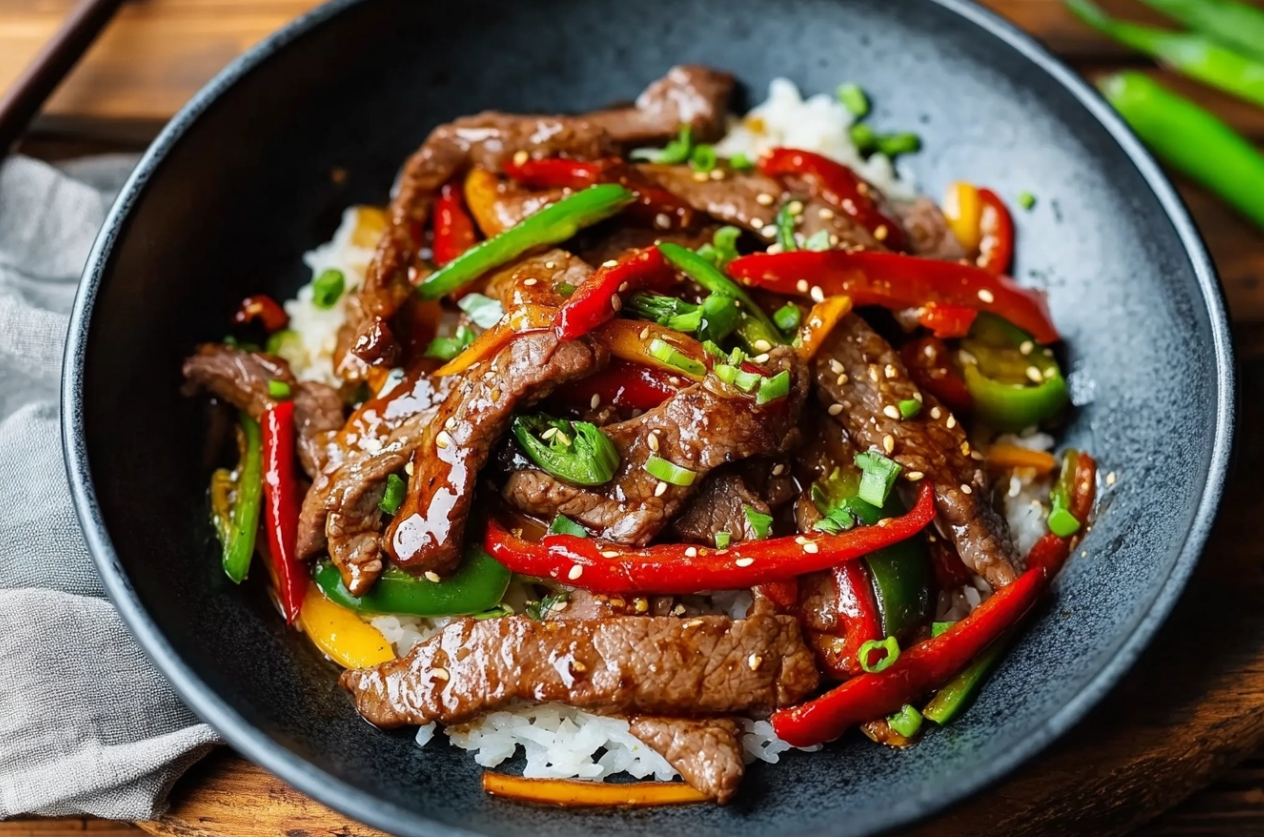 A plate of Chinese Pepper Steak with sliced beef, colorful bell peppers, and onions in a savory sauce.