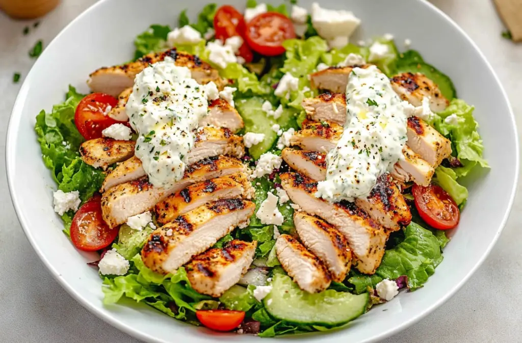 Fresh Tzatziki Chicken Salad with crisp vegetables, grilled chicken, and a creamy yogurt-based dressing garnished with herbs.