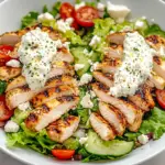 Fresh Tzatziki Chicken Salad with crisp vegetables, grilled chicken, and a creamy yogurt-based dressing garnished with herbs.