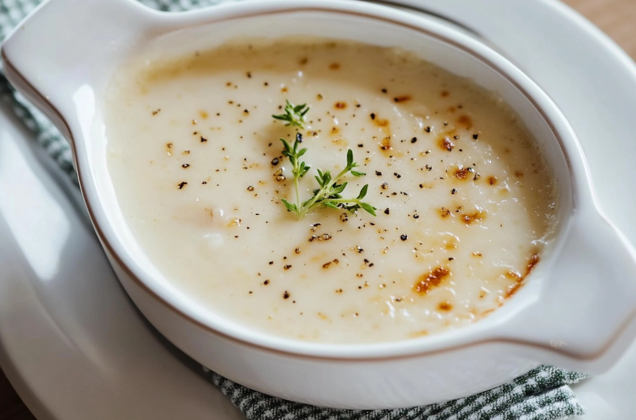 A creamy white béchamel sauce being whisked in a saucepan.