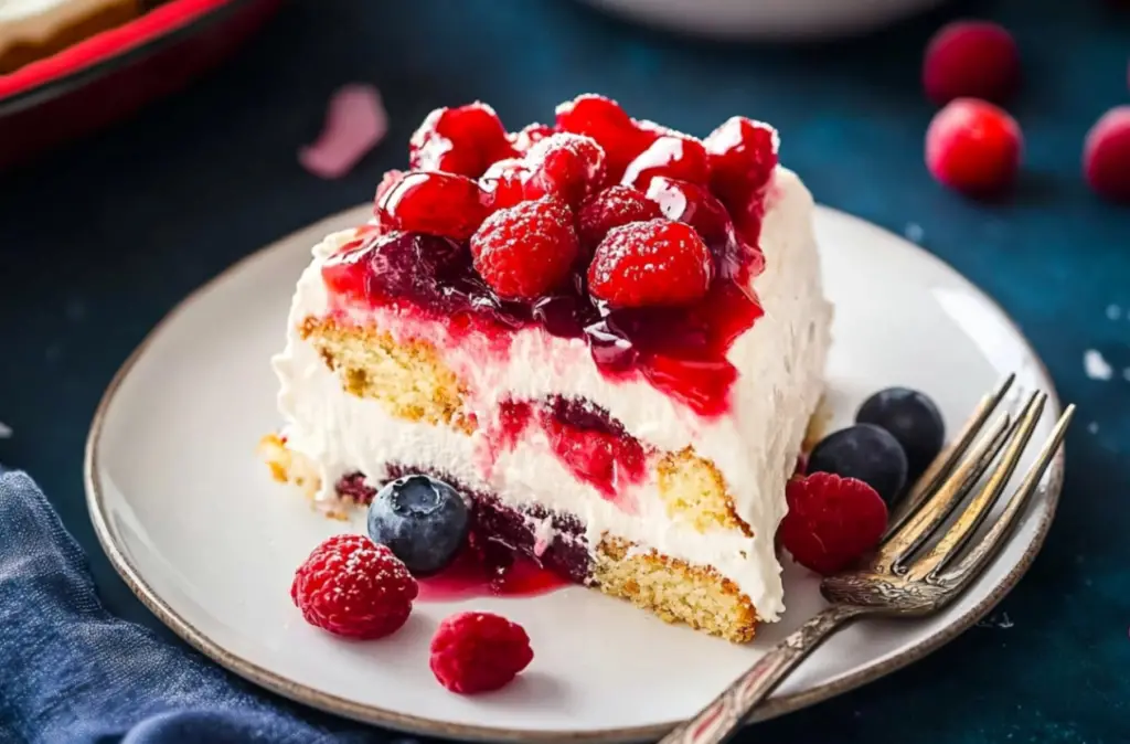 A layered Heaven on Earth Cake with angel food cake, vanilla pudding, cherry pie filling, and whipped topping.