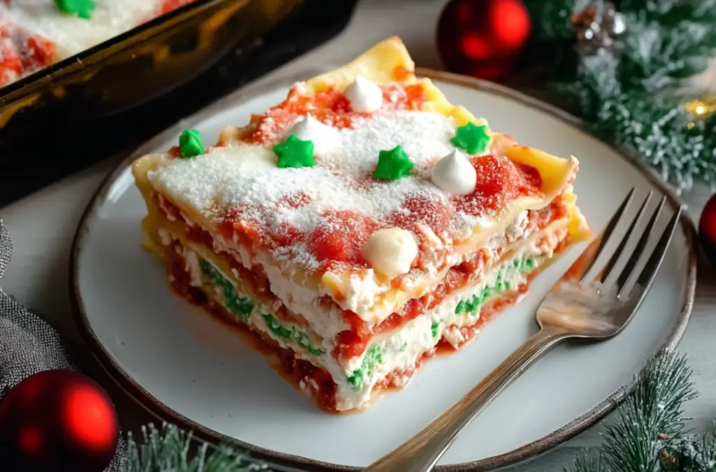 Festive Christmas Lasagna dessert with colorful red and green layers topped with marshmallows and holiday sprinkles.