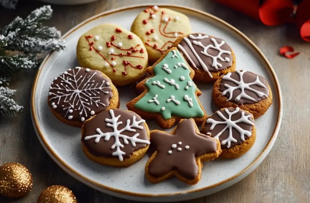 Soft Christmas cookies decorated with icing and sprinkles, perfect for the holidays.