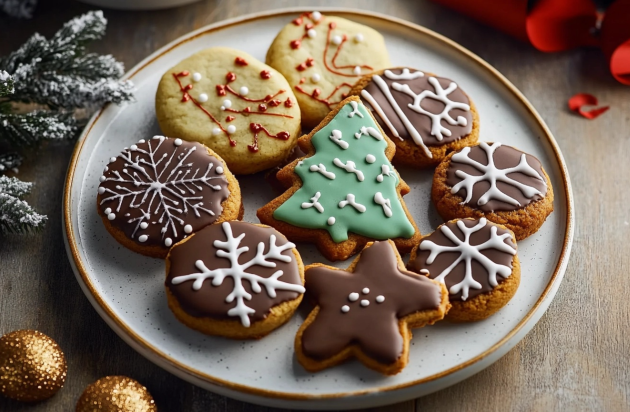 Soft Christmas cookies decorated with icing and sprinkles, perfect for the holidays.