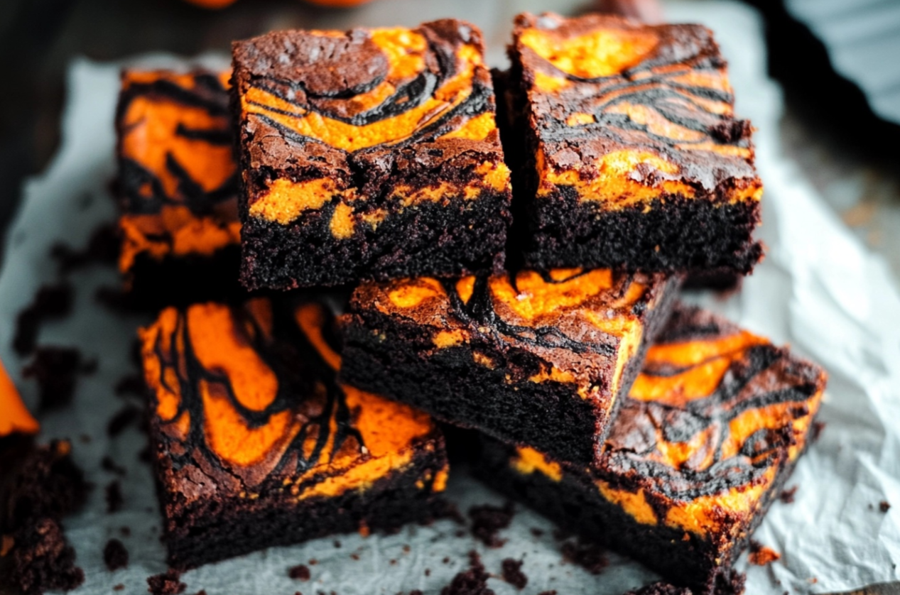 Festive Halloween cream cheese swirl brownies with an orange and black spooky design"