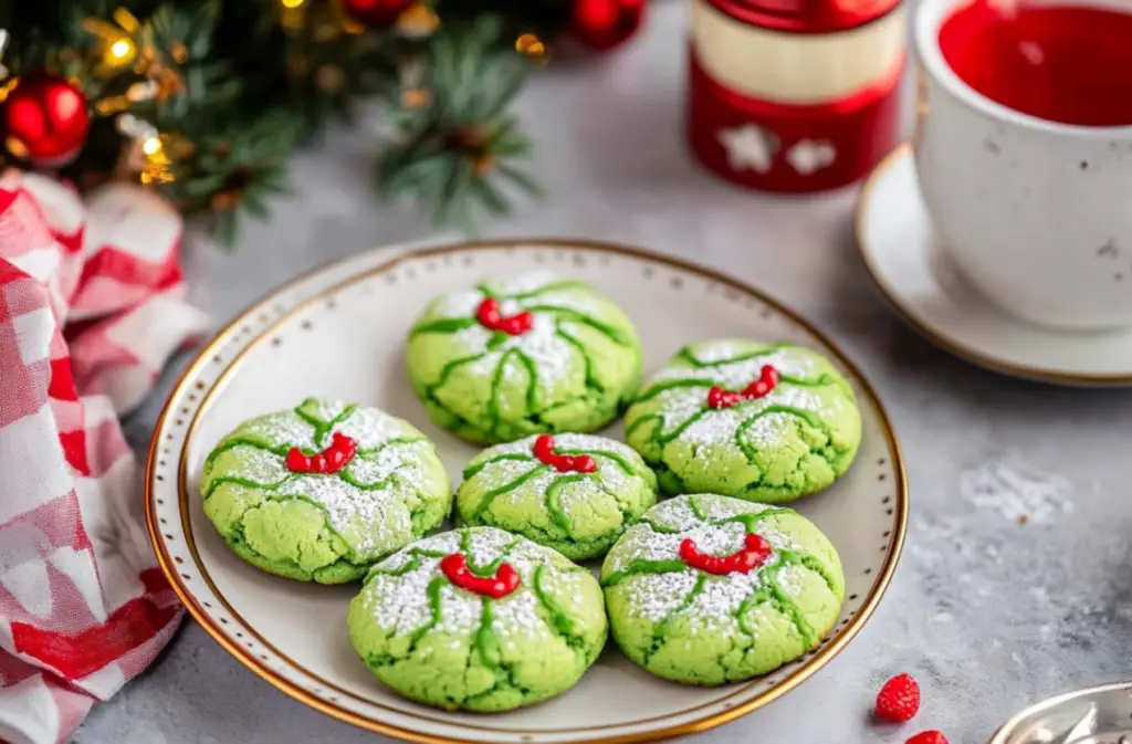 Festive Grinch Cookies with red heart sprinkles, perfect for Christmas celebrations