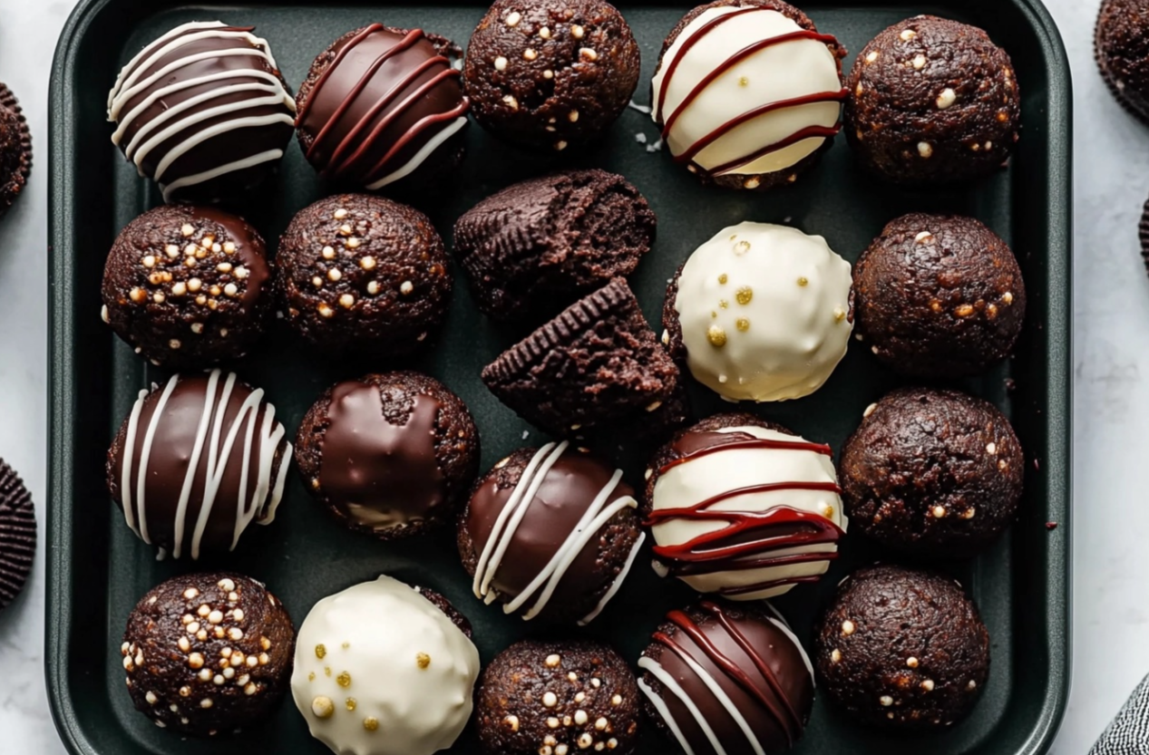 Delicious no-bake Oreo balls dipped in chocolate with sprinkles on top.