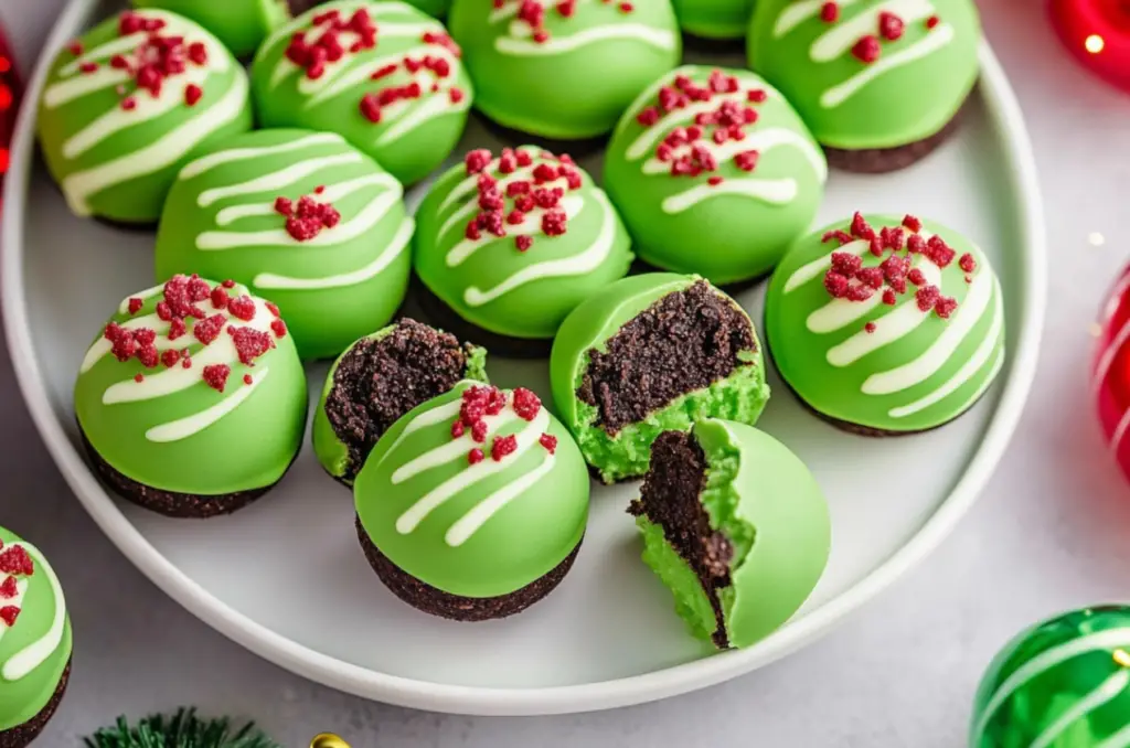 Festive Grinch Oreo Balls coated in green candy melts with red candy heart decorations"