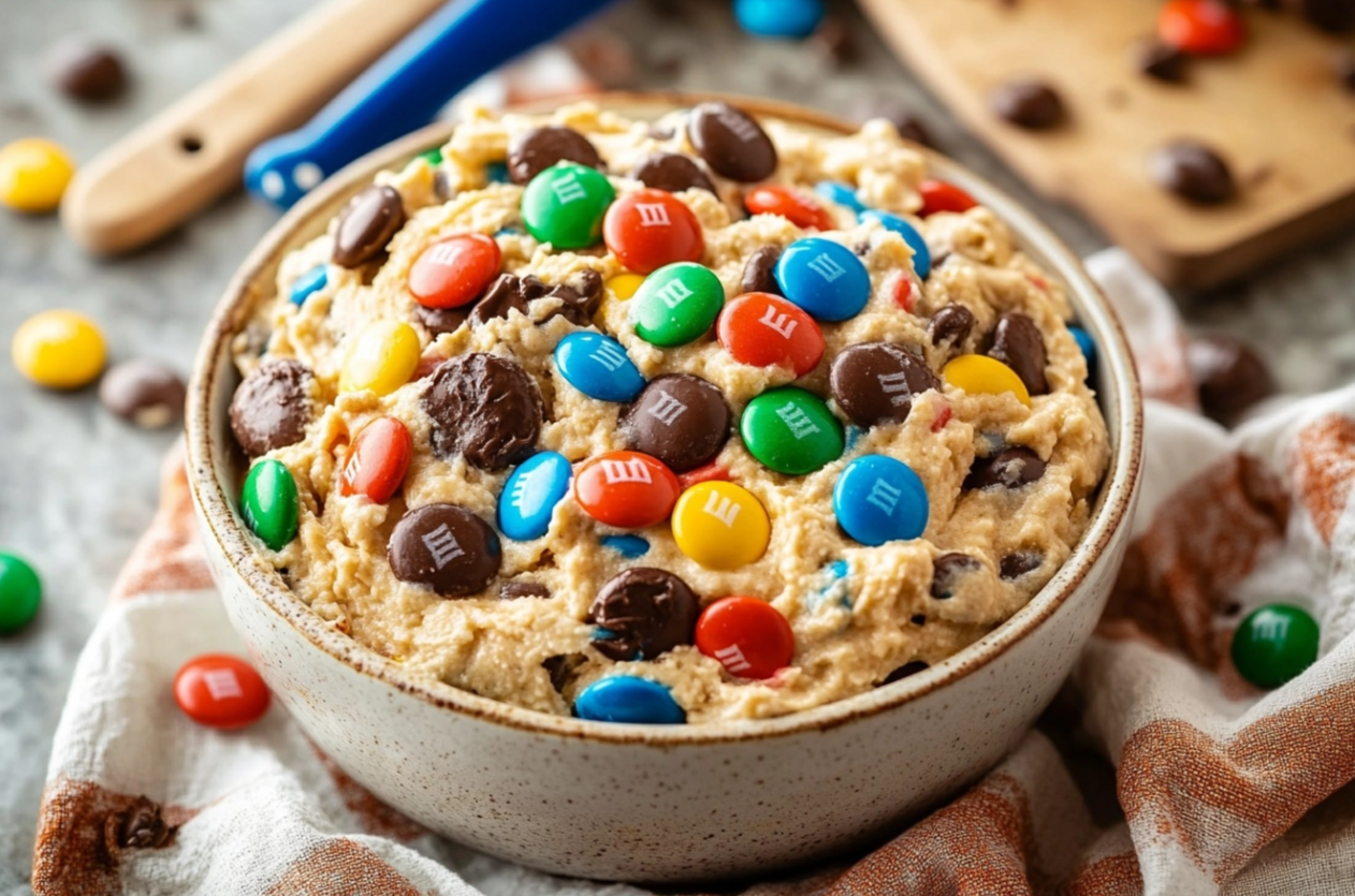 Creamy Monster Cookie Dessert Dip with peanut butter, oats, M&Ms, and chocolate chips, served with cookies and pretzels.