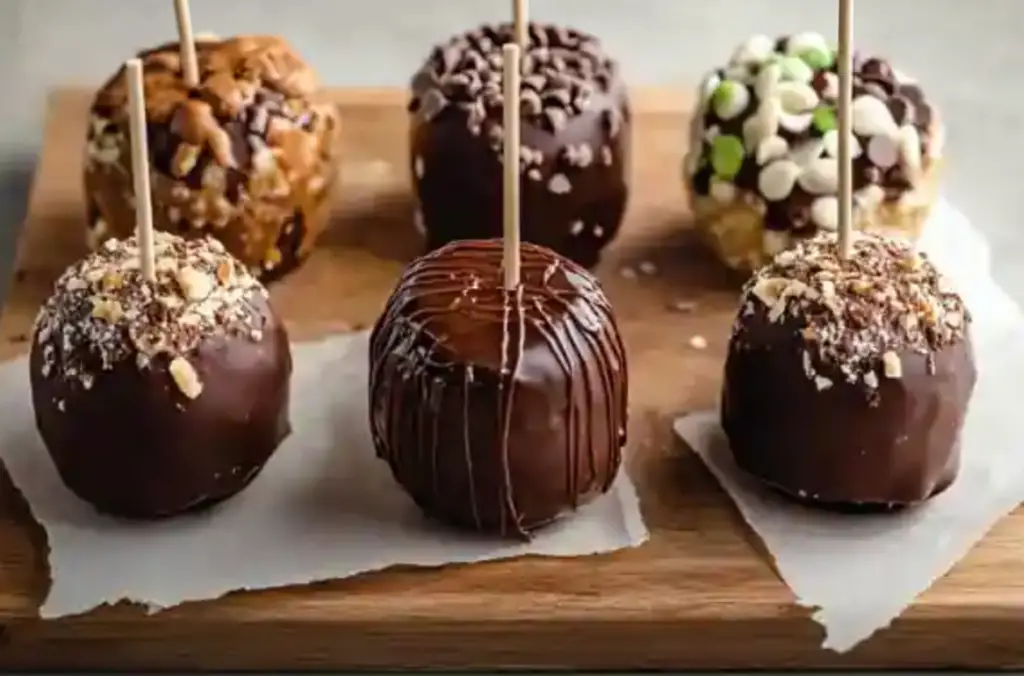 Homemade caramel apples dipped in smooth caramel and topped with nuts and sprinkles.