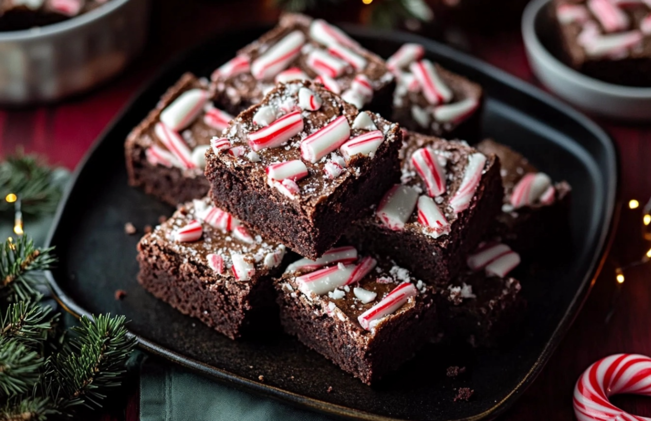 Festive Candy Cane Brownies topped with crushed peppermint candy canes