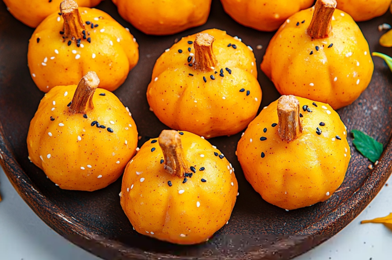 Festive no-bake Pumpkin Oreo Balls coated in orange candy melts with pretzel stems, perfect for fall parties.