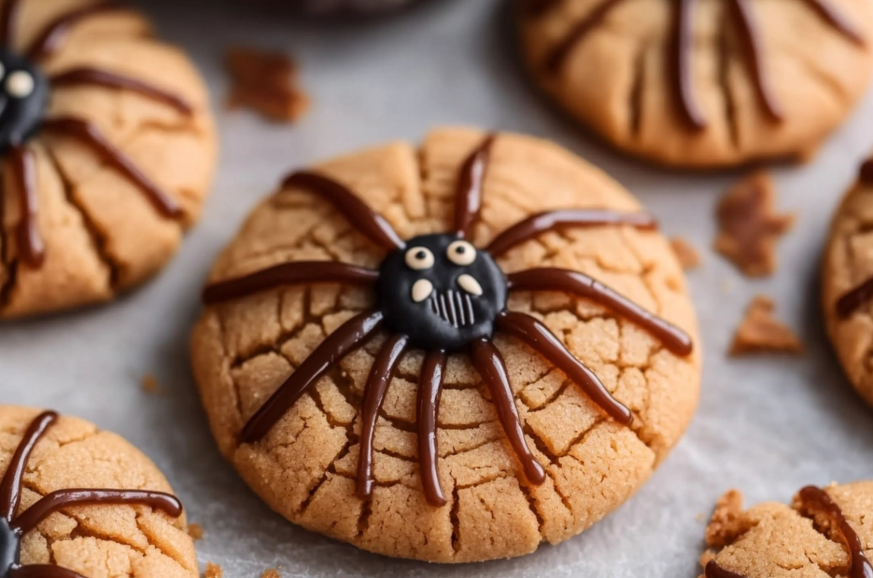 Spooky Halloween peanut butter spider cookies with chocolate legs and candy eyes on a festive plate.