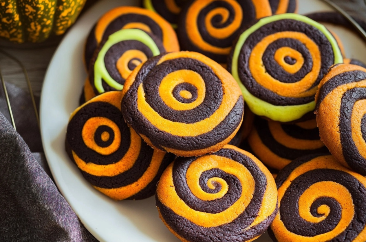 Vibrant Halloween Pinwheel Cookies with orange and black swirls, perfect for festive celebrations.