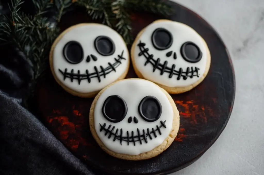 ack Skellington cookies decorated with royal icing for a spooky Halloween treat."