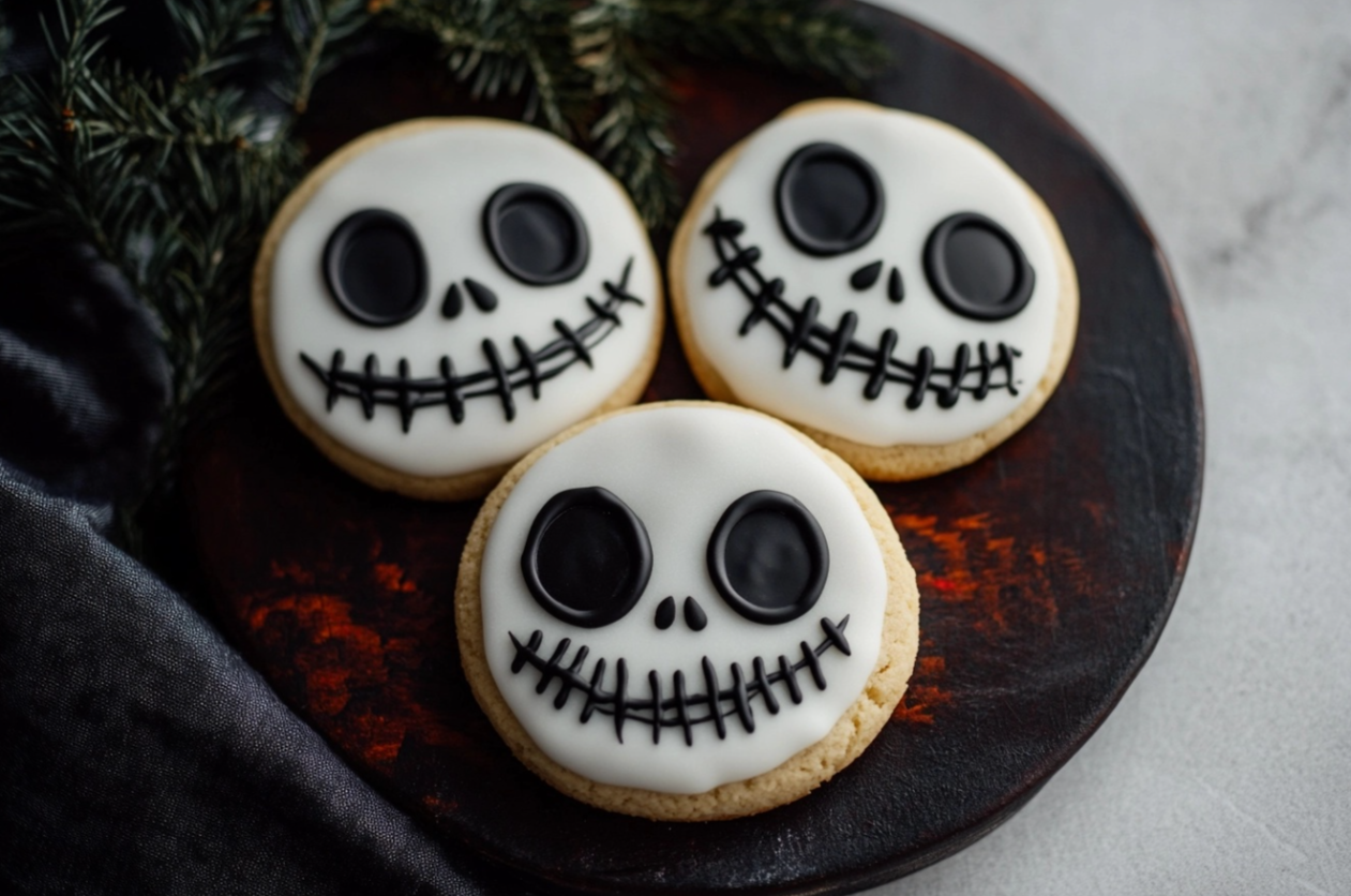 ack Skellington cookies decorated with royal icing for a spooky Halloween treat."