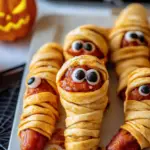 Mummy Dogs wrapped in crescent dough served as a fun Halloween snack.