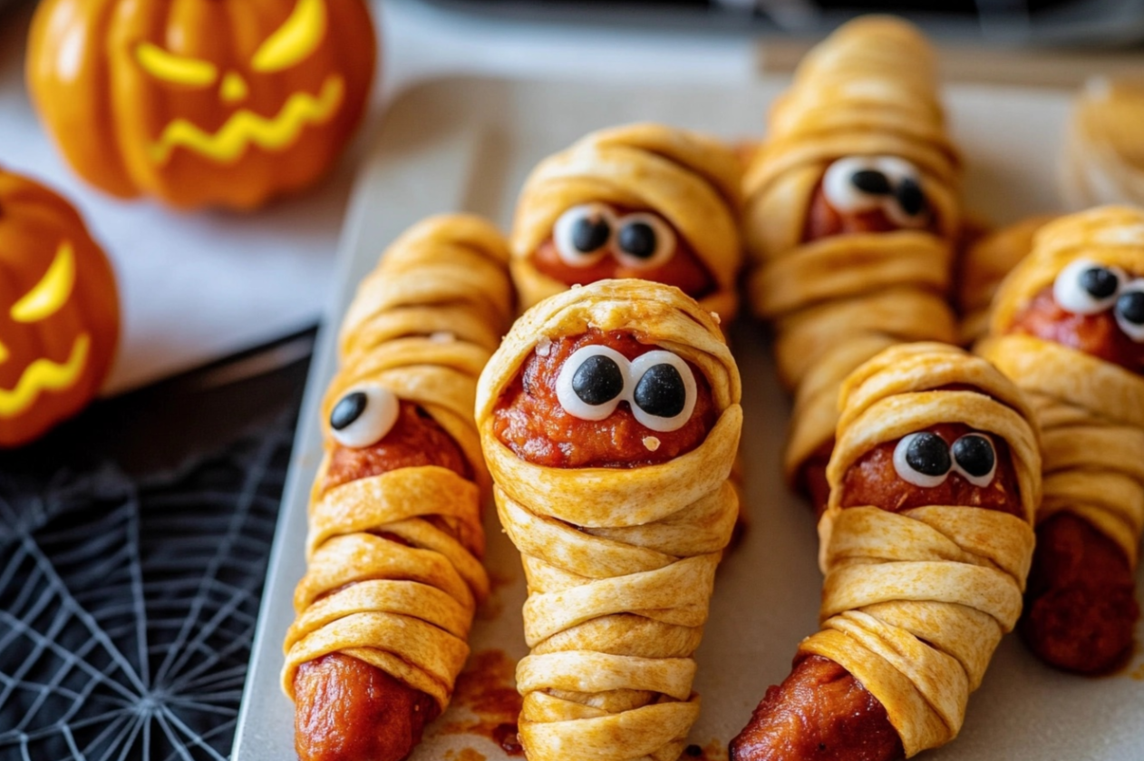 Mummy Dogs wrapped in crescent dough served as a fun Halloween snack.