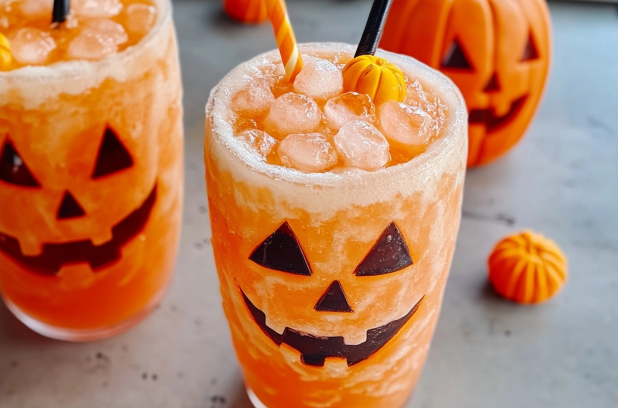 A spooky Fanta Jack O'lantern Halloween Float with vanilla ice cream, whipped cream, and gummy worms in a decorated cup.