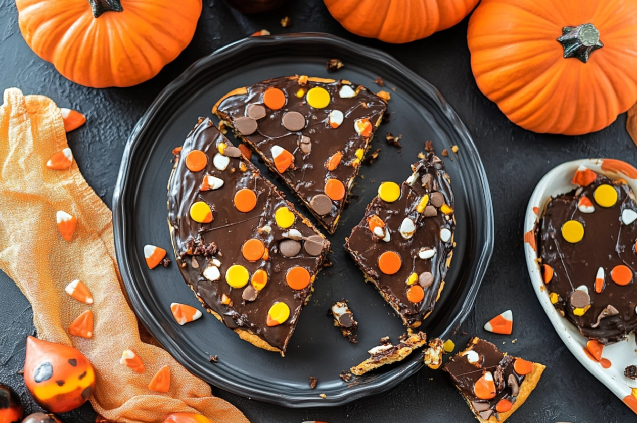 Festive Halloween Crack topped with candy corn, Reese’s pieces, and Halloween sprinkles.