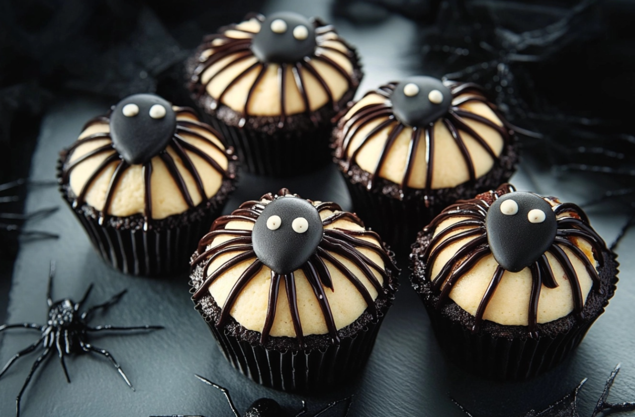 Decorative Spider Cupcakes topped with Oreos, chocolate legs, and candy eyes, perfect for Halloween.