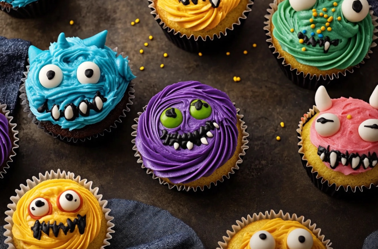 Colorful Scary Monster Cupcakes with candy eyes and vibrant frosting, perfect for Halloween."