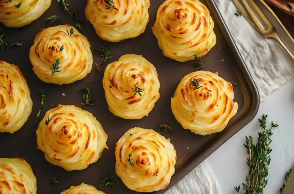 Creamy and buttery duchess potatoes, golden and crispy, perfect for any occasion.