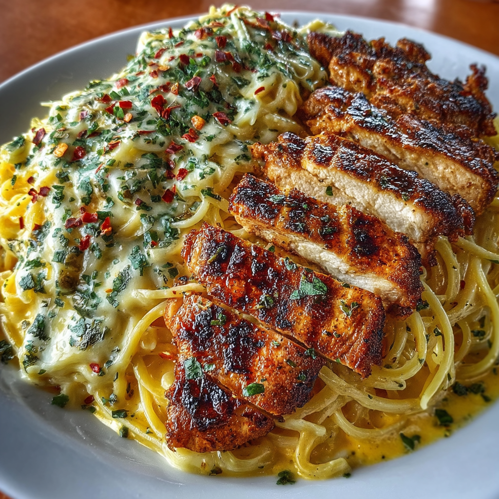 Garlic Parmesan Chicken Spaghetti in Spicy Cajun Cream Sauce